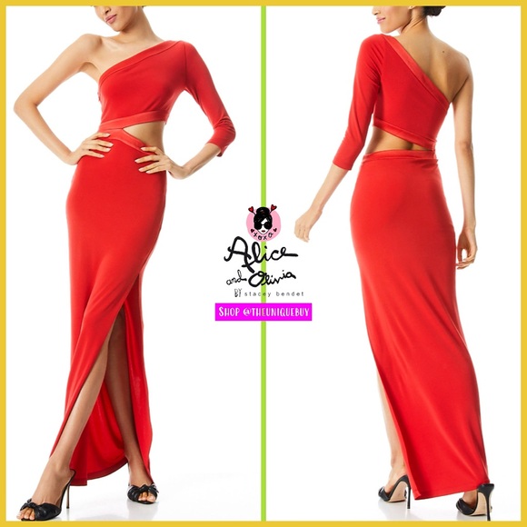 Alice + Olivia Michele High Slit Cutout Red Poppy Maxi Dress - Picture 1 of 17